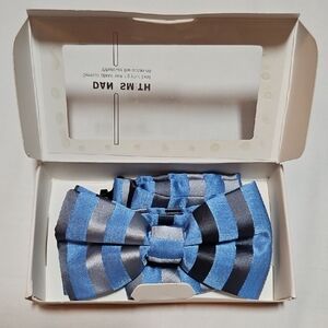 NEW Dan Smith Bow Tie in Gift Box Navy Blue Silver Stripes Microfiber Hand Made